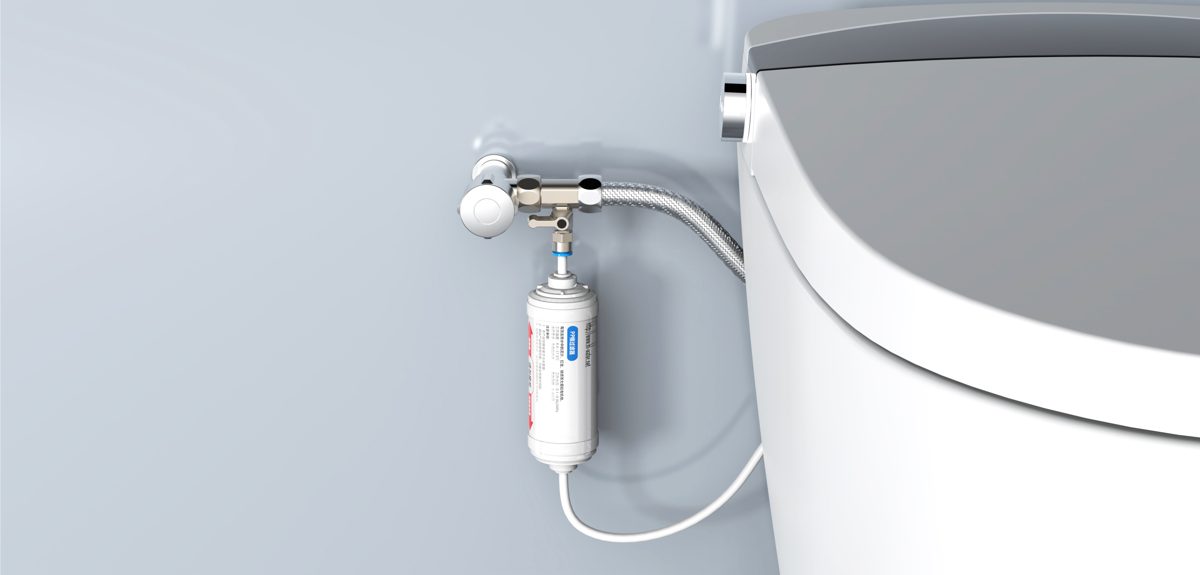 Bidet seat inline filter installed between the toilet angle valve and the smart toilet seat hose