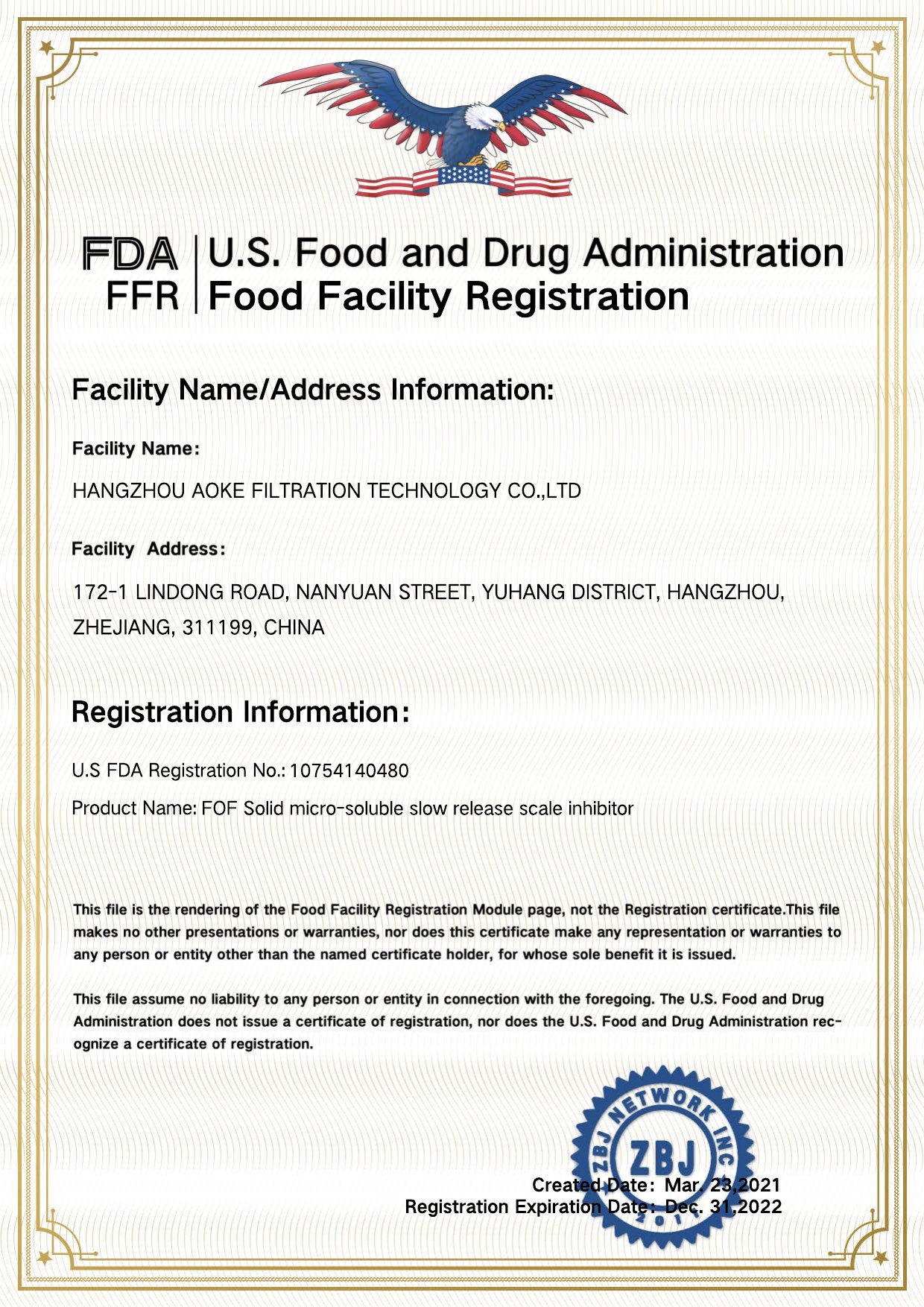 Certification FDA pour membrane UF