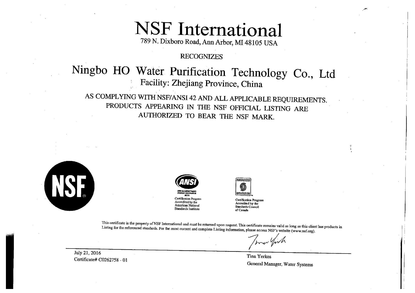 Certification NSF pour bloc CTO fritté