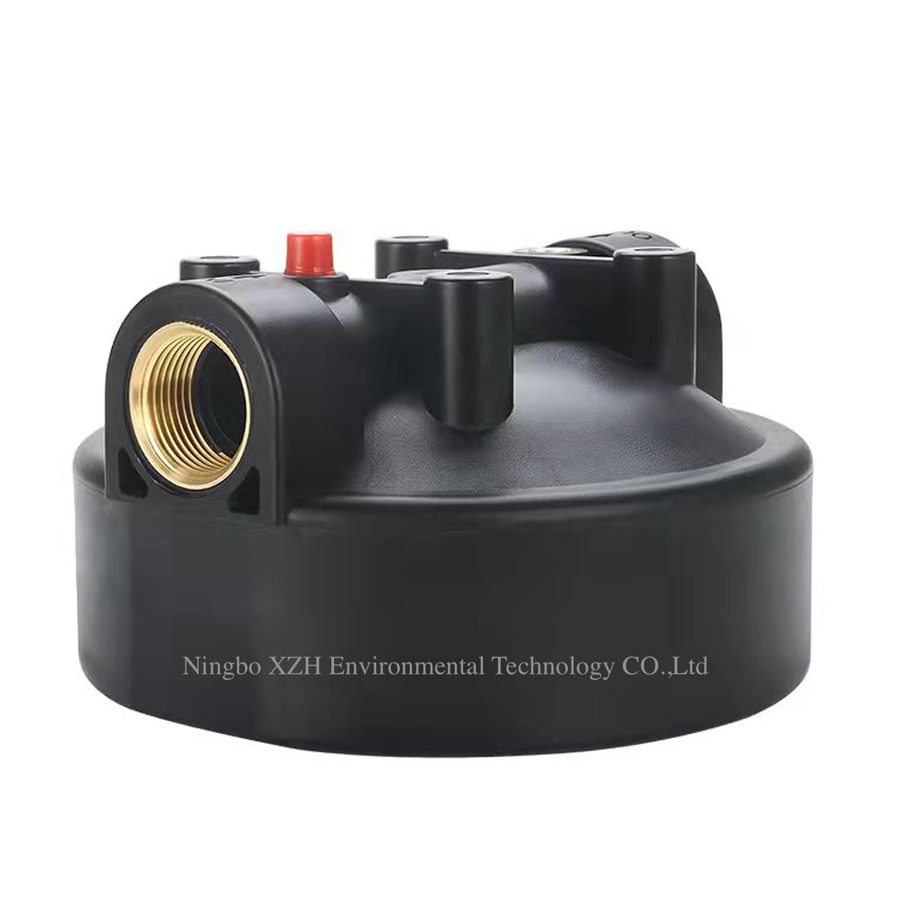 Water filter housing cap with brass G1 female threaded insert, showing BSP parallel port on a big blue housing
